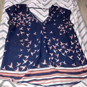 navy Blouse with coral bird design